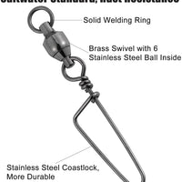 Fishing Ball Bearing Swivel with Coastlock Snap, High Strength Copper and Stainless Steel, Black Nickel Coated, Corrosion Resistant, Saltwater Terminal Tackle 4004