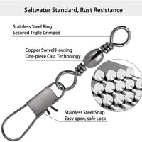 Fishing Barrel Swivel with Safety Snap Interlock Snaps 100% Stainless Steel Copper Corrosion Resistance 1003