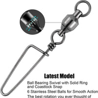 Fishing Ball Bearing Swivel with Coastlock Snap, High Strength Copper and Stainless Steel, Black Nickel Coated, Corrosion Resistant, Saltwater Terminal Tackle 4004